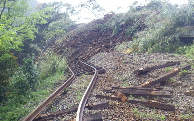 南阿蘇鉄道が公表した写真。土砂崩れで線路が流失している。