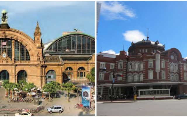フランクフルト中央駅（左）と東京駅（右）。JR東日本は両駅の姉妹駅1周年を記念したイベントを東京駅で行う。