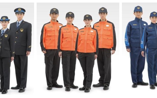 新しい制服のイメージ（左：乗務員・駅員など、中央：技術・電気職員、右：車両検査員など）。4月1日から着用を開始する。