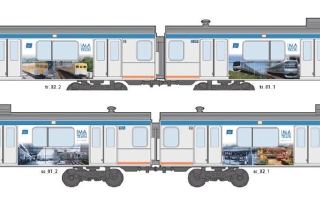 相鉄グループの創立100周年を記念して運行されるラッピング列車のイメージ。11000系の車体を歴代の車両で装飾する。