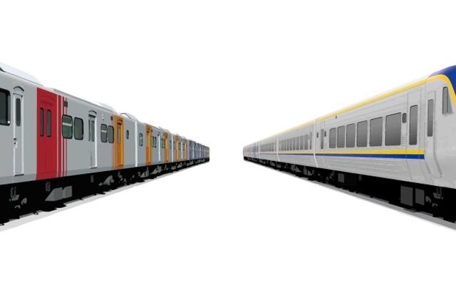 「JR四国8000系風」の台湾鉄路EMU800形（左）と、「台湾鉄路EMU800形風」のJR四国8000系（右）。先頭部の形状が似ており、一見すると区別がつかない。