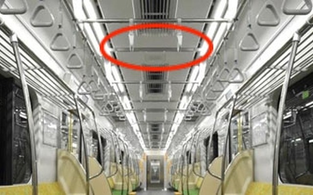 防犯カメラの設置範囲（赤）。車両の種類によって変わる場合もあるが、基本的には天井に設置される。