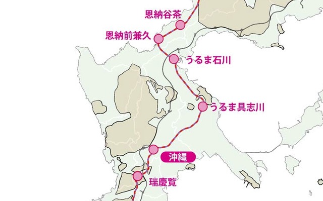 2012年の検討報告書による沖縄本島縦貫鉄道の想定ルート。那覇空港～名護間の約69kmを結ぶ。