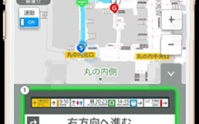 JR東日本は12月18日からスマホ向けナビサービスの実証実験を東京駅で実施する。画像は案内サインによるナビゲーションのイメージ。