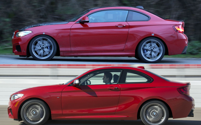 トヨタ＆BMWが開発中の新型スポーツ。上が今回スクープした試作車。2シリーズ（下）と比べホイールベースが短縮されている