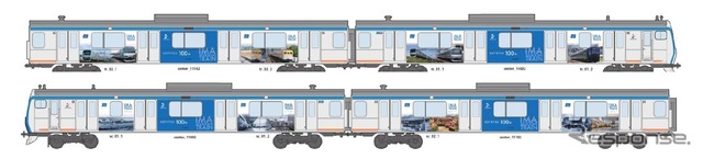 相鉄グループの創立100周年を記念して運行されるラッピング列車のイメージ。11000系の車体を歴代の車両で装飾する。