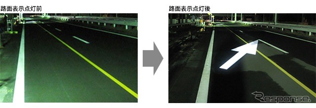 試験走路におけるLED灯火器による照射状況写真