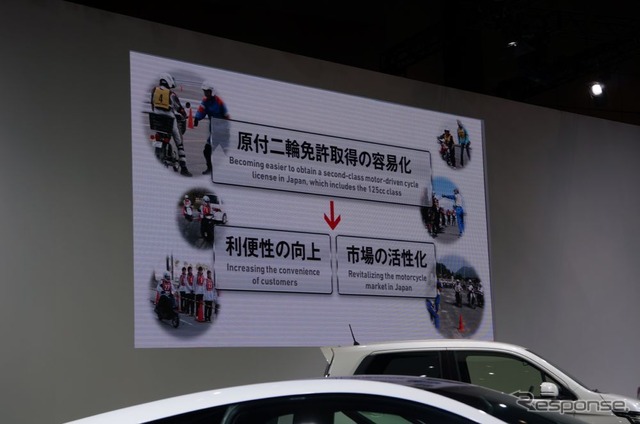 ホンダは東京モーターショーで、二輪車125ccクラスの運転免許取得に関する負担軽減を訴えた。