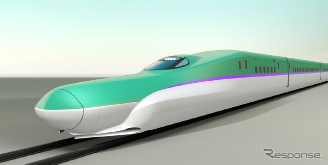 北海道新幹線の部分開業にあわせて導入されるJR北海道・H5系の完成イメージ。JR東日本が東北新幹線に導入したE5系とそっくりだが、帯の色は「彩香パープル」を採用する。