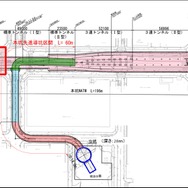 七隈線博多駅工区の平面図。陥没事故が発生した場所（赤枠）では、隣接する工区のシールドマシンを折り返すための大きな空間を設ける工事が進められていた。
