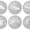「新幹線鉄道開業50周年記念貨幣」のうち百円貨幣5種類のデザイン。5路線の車両が表面にデザインされ、裏面は0系が共通で描かれる。
