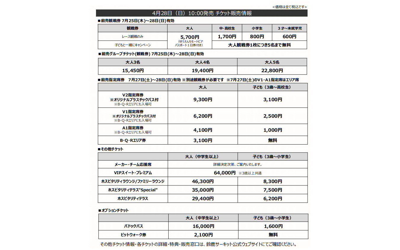 鈴鹿8耐 前売りチケット料金表