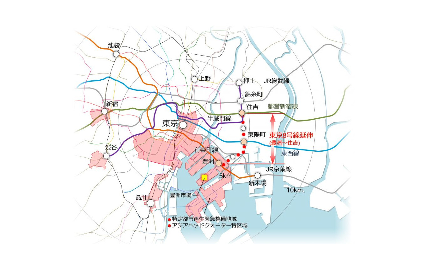 地下鉄（東京）8号線の計画ルート。