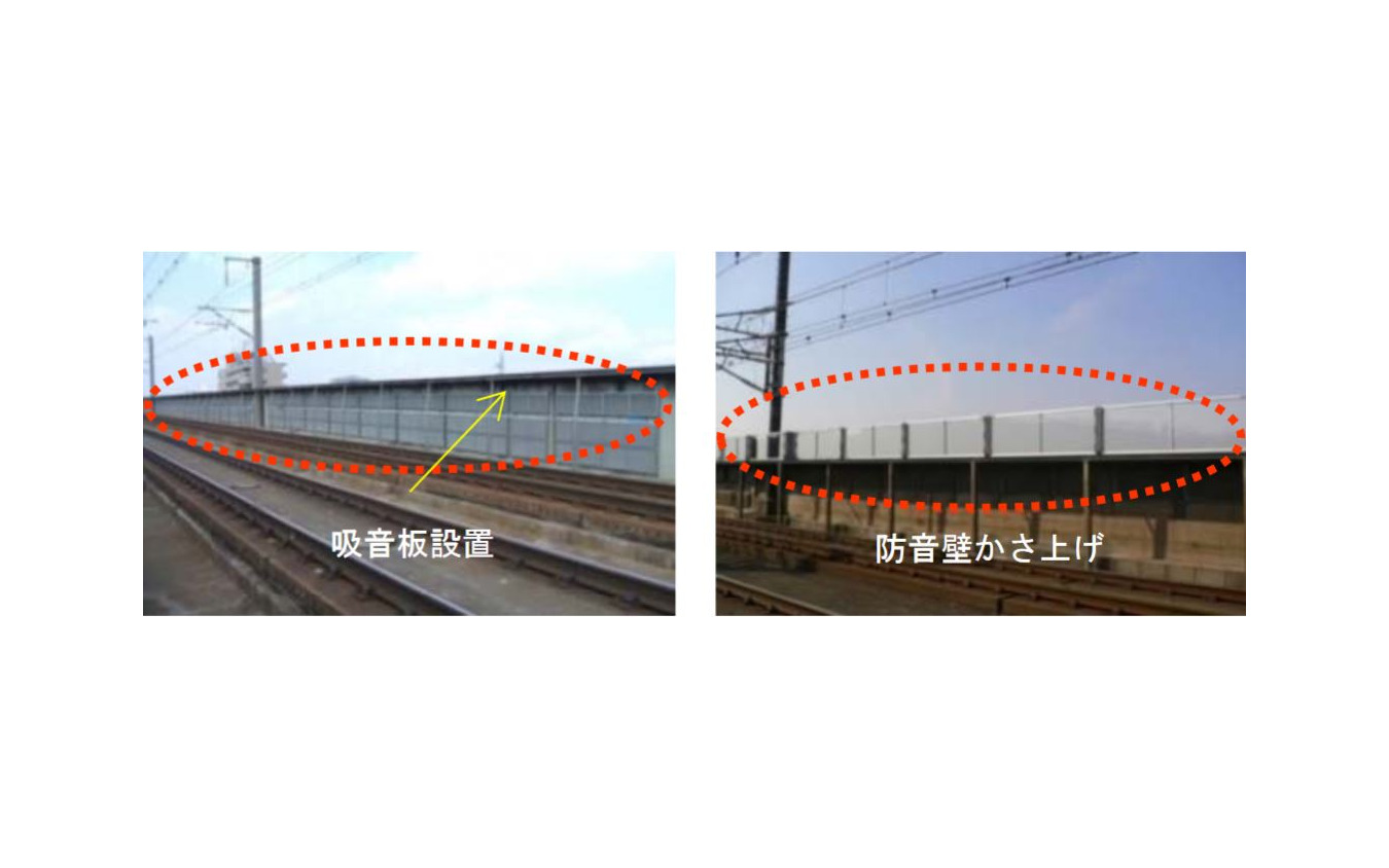 速度向上工事においては、吸音板の設置（左）や防音壁の嵩上げ（右）が行なわれる。
