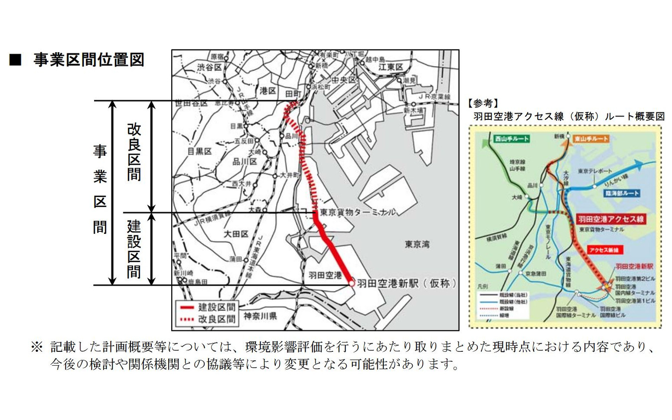 羽田空港アクセス線の概要。「東山手ルート」は、田町～浜松町間で海沿いに伸びる「大汐線」と呼ばれる休止中の東海道貨物線を整備。田町駅付近では東海道本線と接続する短絡線を建設し、直通を図る。