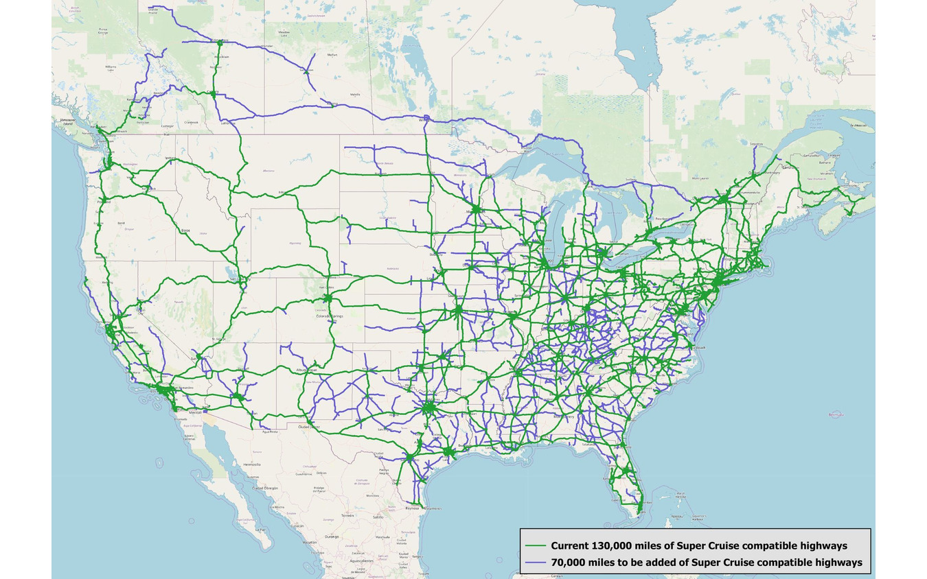 ハンズフリーの部分自動運転が可能なキャデラックのスーパークルーズの米国とカナダの対応高速道路マップ