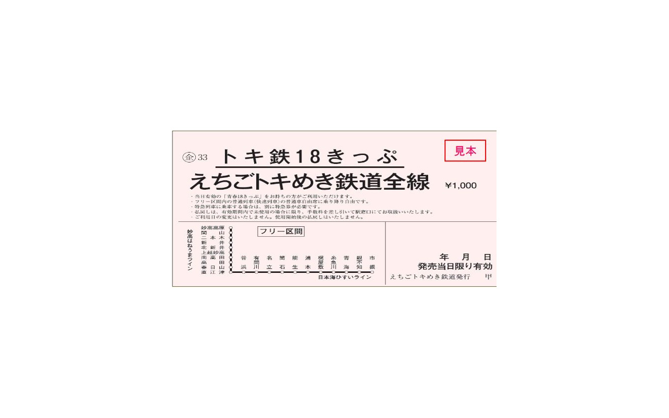 「トキ鉄18きっぷ」の券面イメージ。