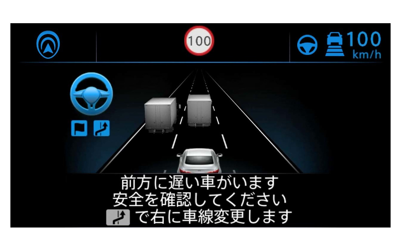 先行車に追いついて追い越しを提案した時のディスプレイ表示。ここまでは手放し運転