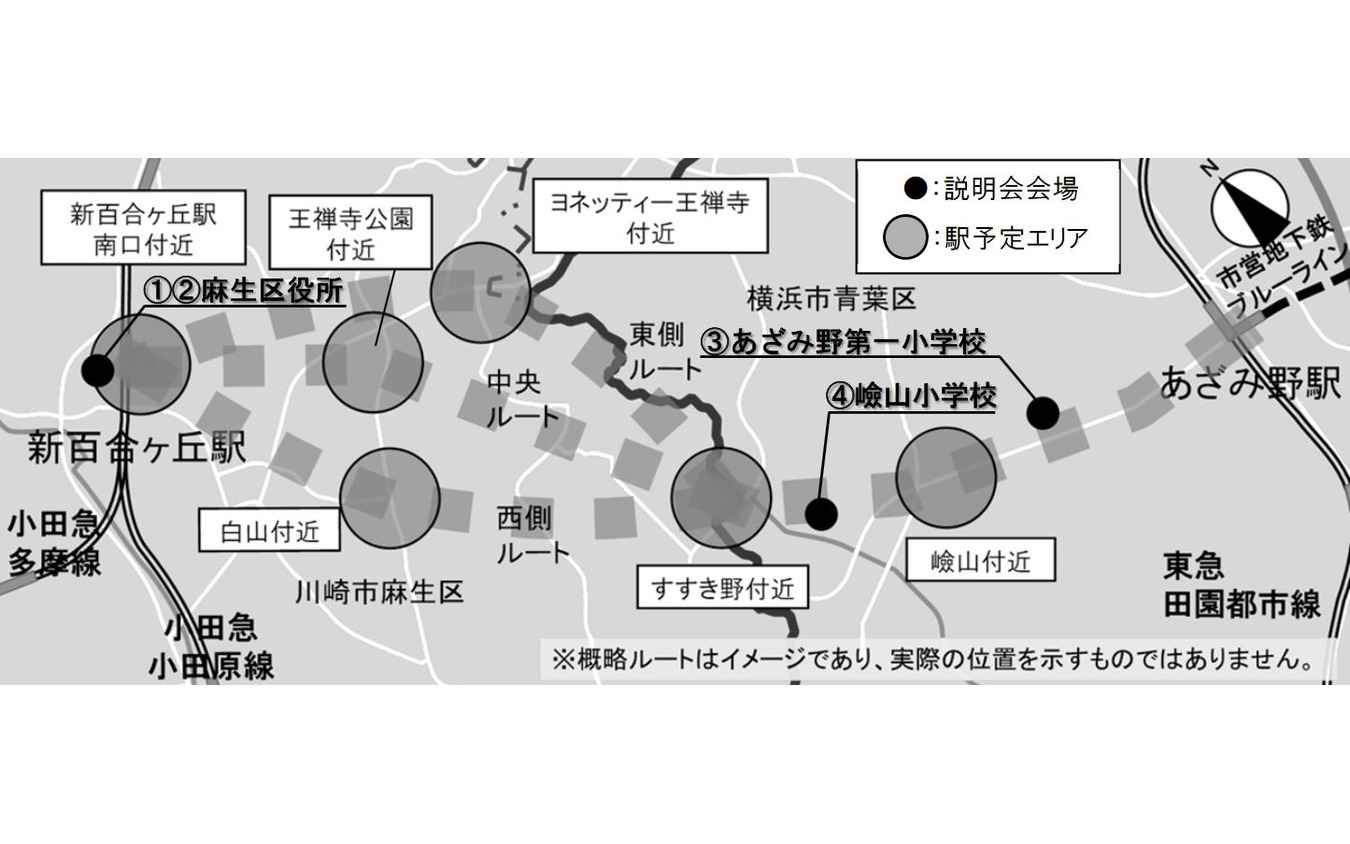 延伸区間のルート案。3案とも概算事業費は1690～1760億円とされており、開業後は横浜市交通局が第一種鉄道事業者として運行する。