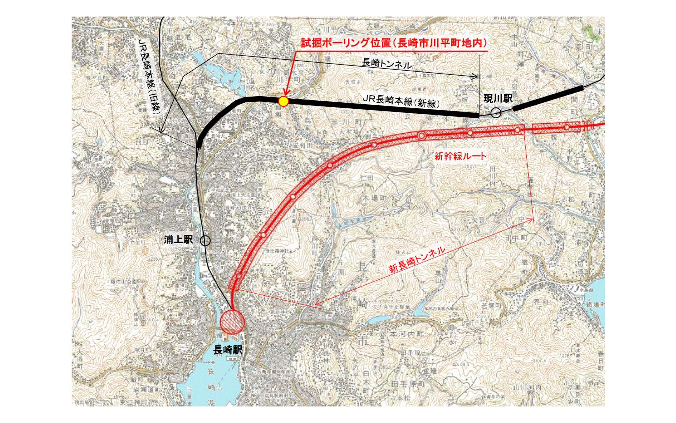 試掘ボーリングの位置。鉄道・運輸機構では、長崎市の都市計画図を基に発注用の図面を作成したが、長崎トンネルの位置については、国土地理院の地図を基にしていたという。