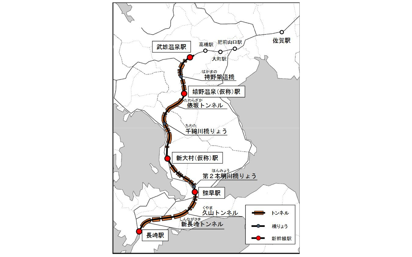 九州新幹線西九州ルート（いわゆる長崎新幹線）のルート図。諫早～長崎間では、二股に分かれる在来線の長崎本線（細線部分）の南側を新幹線が通る。この区間には新長崎、久山の2トンネルが建設される。