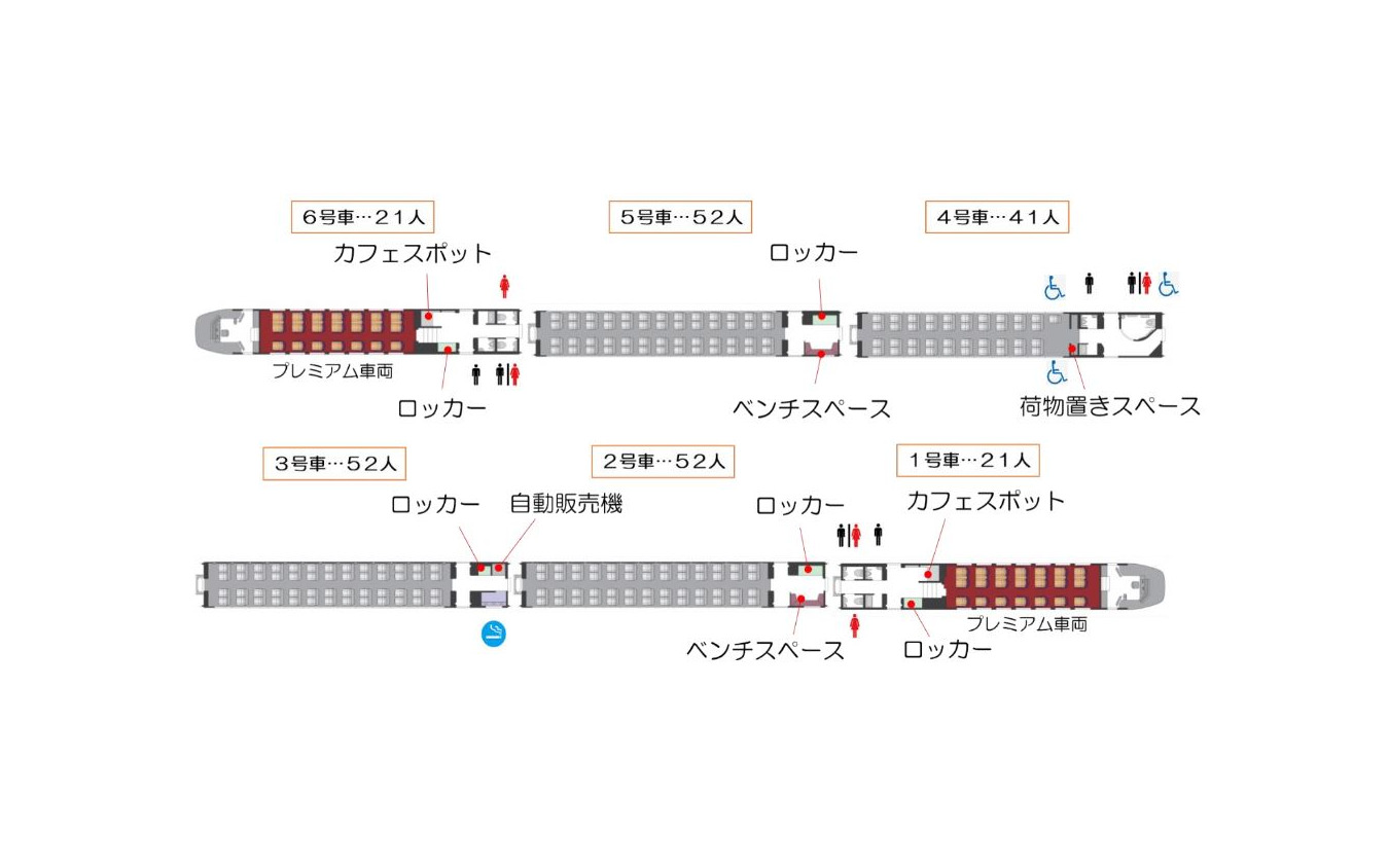 『ひのとり』の編成図。当初は6両編成で運行され、2020年度中にはレギュラー車両を2両増結した8両編成も登場する。定員は6両編成が239人、8両編成が327人。6両編成の場合、3号車に喫煙室が設けられる。