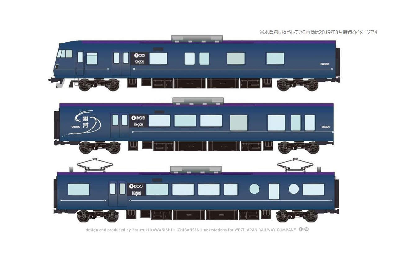 『WEST EXPRESS 銀河』1～3号車のエクステリアイメージ。側面のラインは「『遠くへ行きたい』という憧れを叶える列車であることを表現」したという。