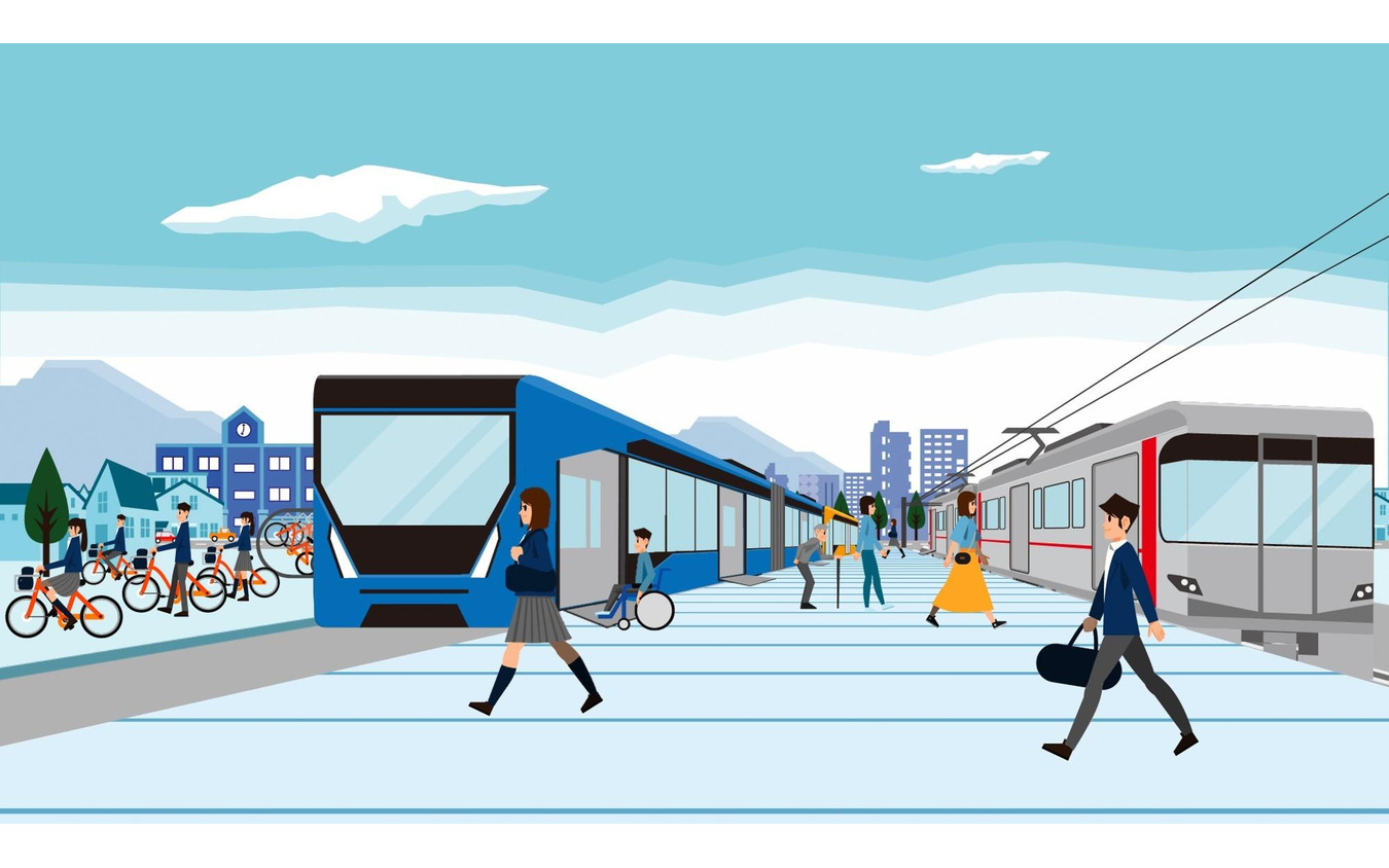 隊列走行する自動運転BRTが走る将来イメージ。シンプルでシームレスな交通サービス。