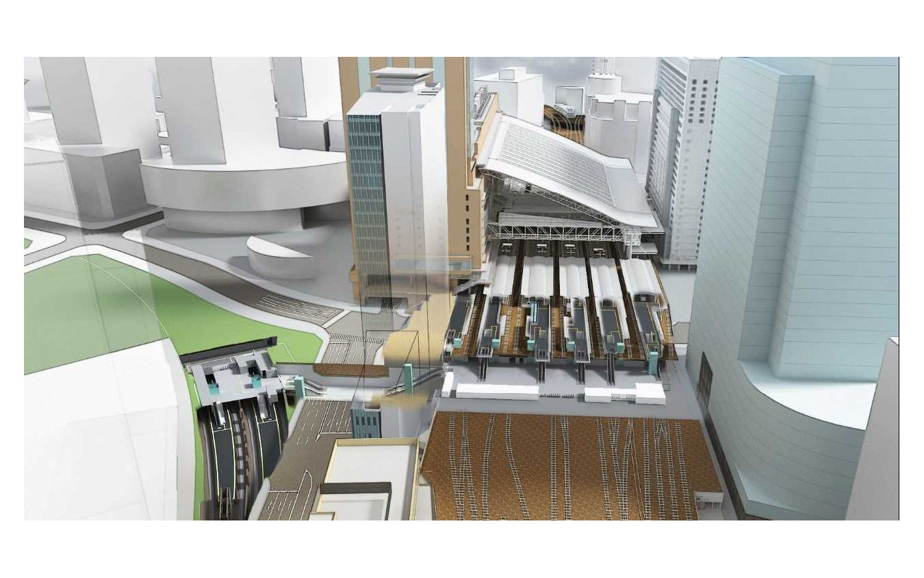 大阪駅の一部となる「うめきた（大阪）地下駅」（左）を含むイメージパース。地下駅は2面4線となる模様。