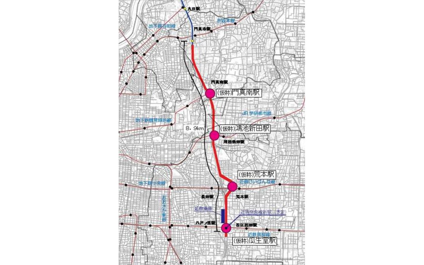 特許を得た大阪モノレール南部の延伸区間ルート。