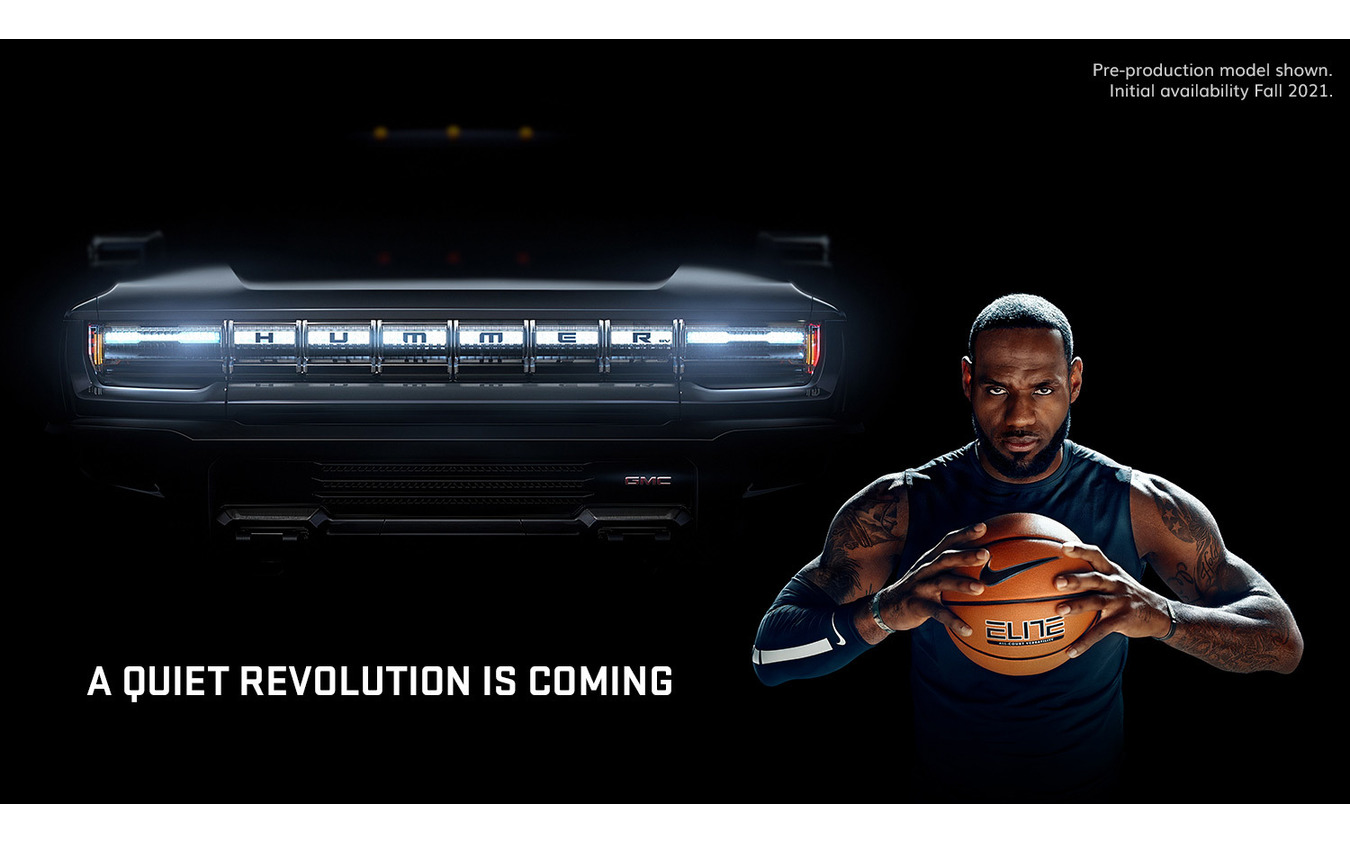 GMC ハマー EVのティザーイメージ。NBA(米プロバスケットボール)のロサンゼルス・レイカーズに所属するレブロン・ジェームズ選手を起用