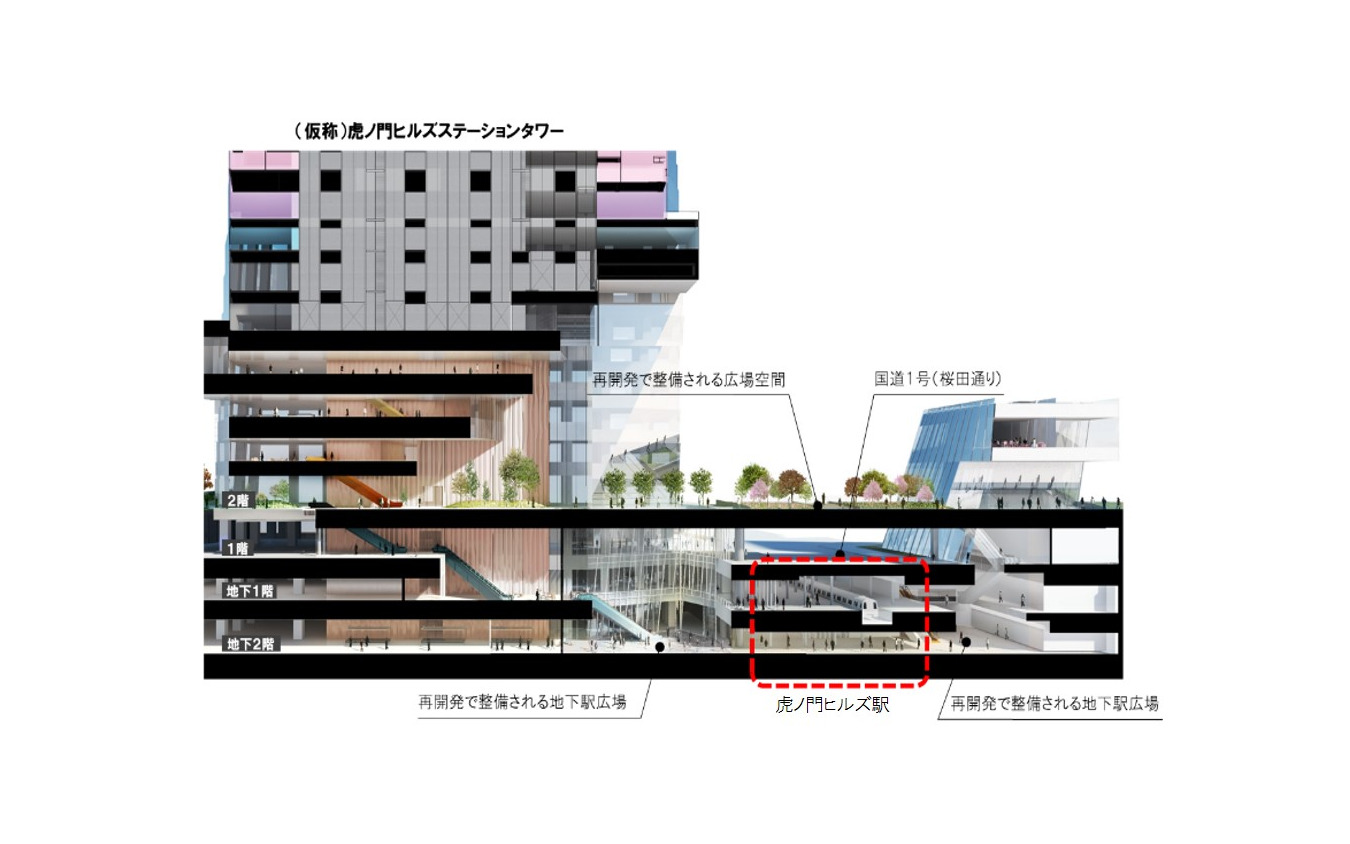 虎ノ門ヒルズ駅のイメージ。周辺再開発で整備される虎ノ門ヒルズステーションタワーや地下駅広場と直結する。