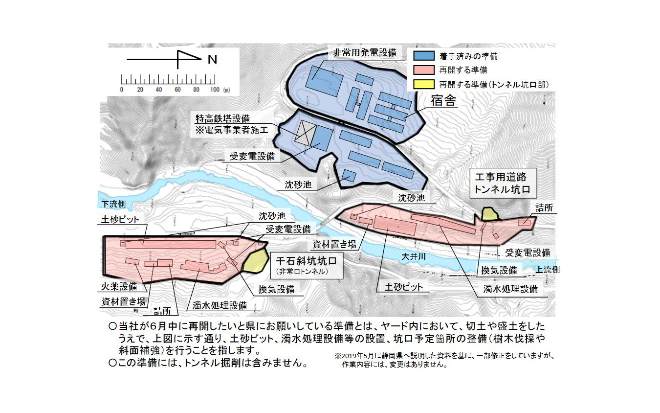 リニア静岡工区千石ヤードにおける工事状況と準備再開内容。