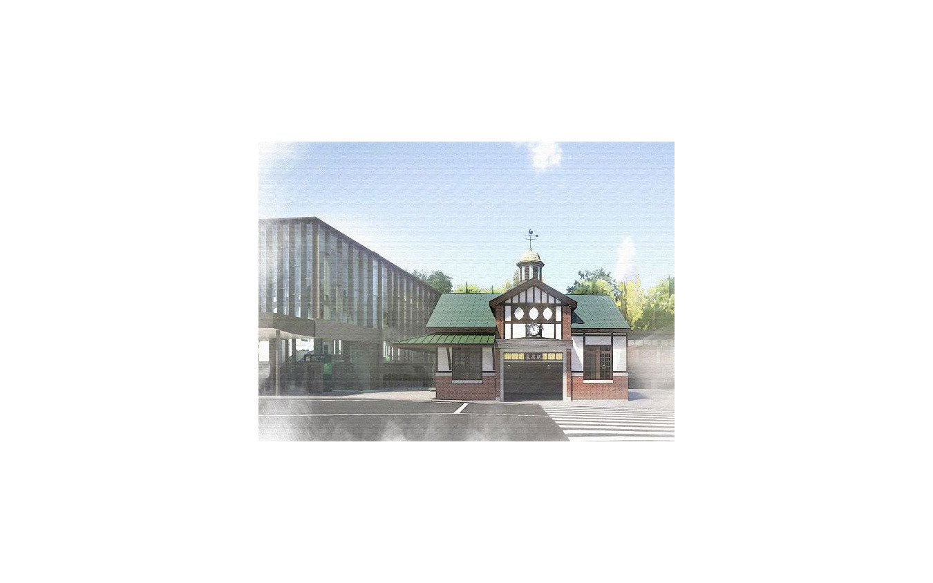 原宿駅新駅舎に隣接して建てられる旧原宿駅舎を再現した建物のイメージ。