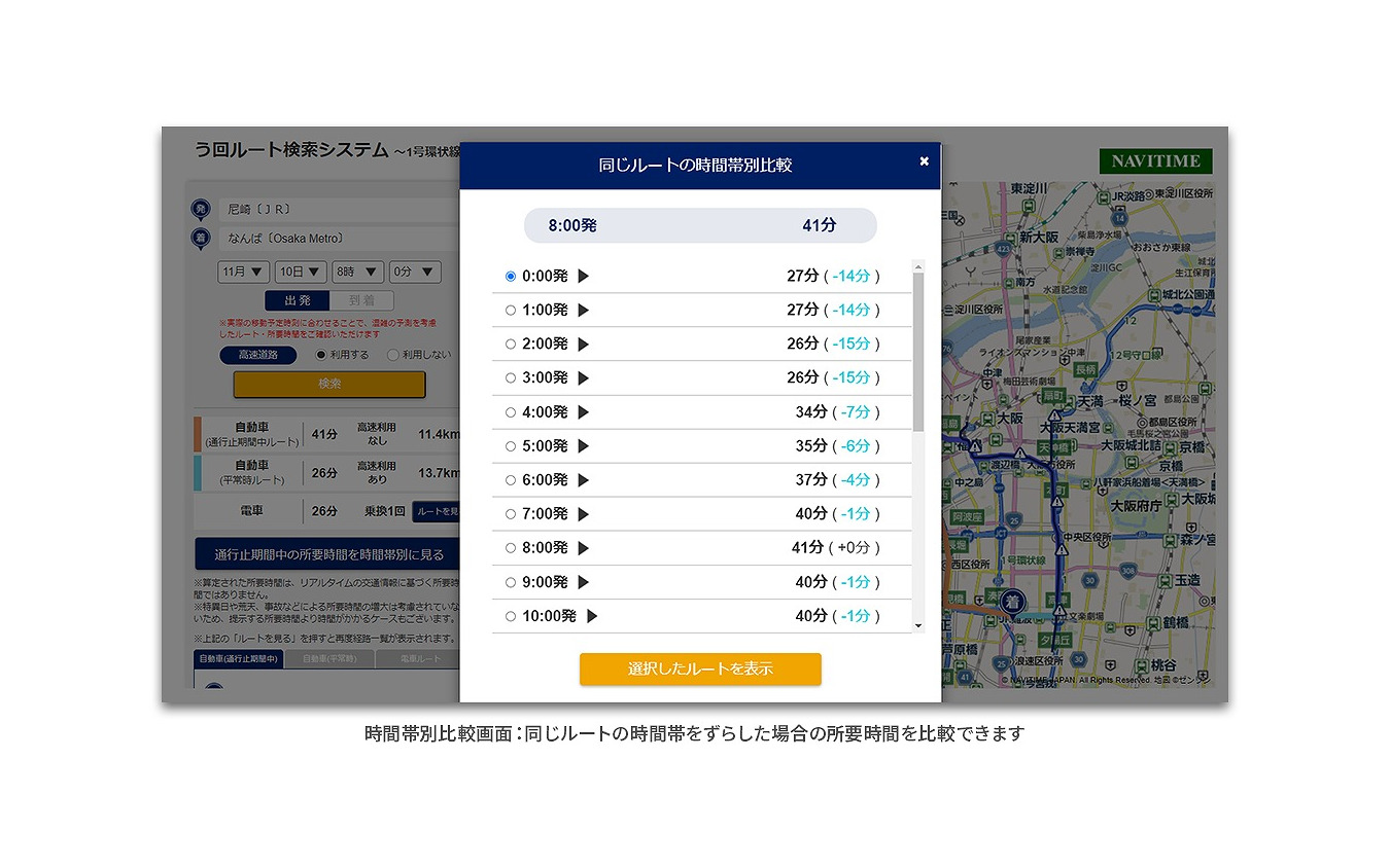 時間帯別比較画面：同じルートの時間帯をずらした場合の所要時間を比較できる