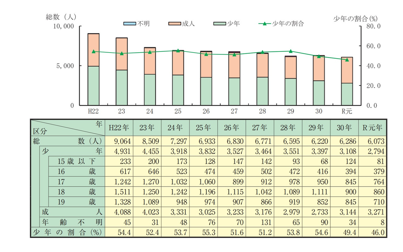 暴走族の年齢別状況の推移