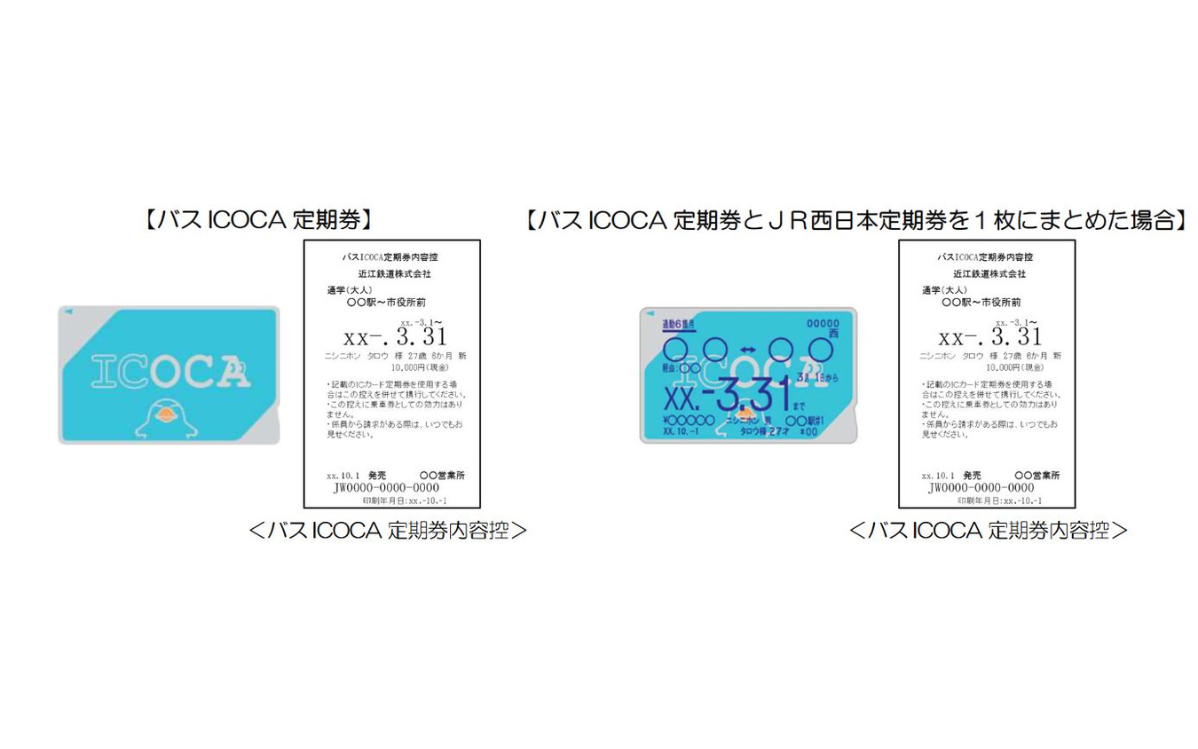 バスICOCA定期券のイメージ。バス区間の定期券情報が印字されないため、情報が記載された内容控が発行される。