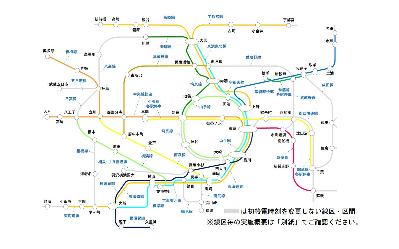 終電繰上げ・初電繰下げの対象線区。