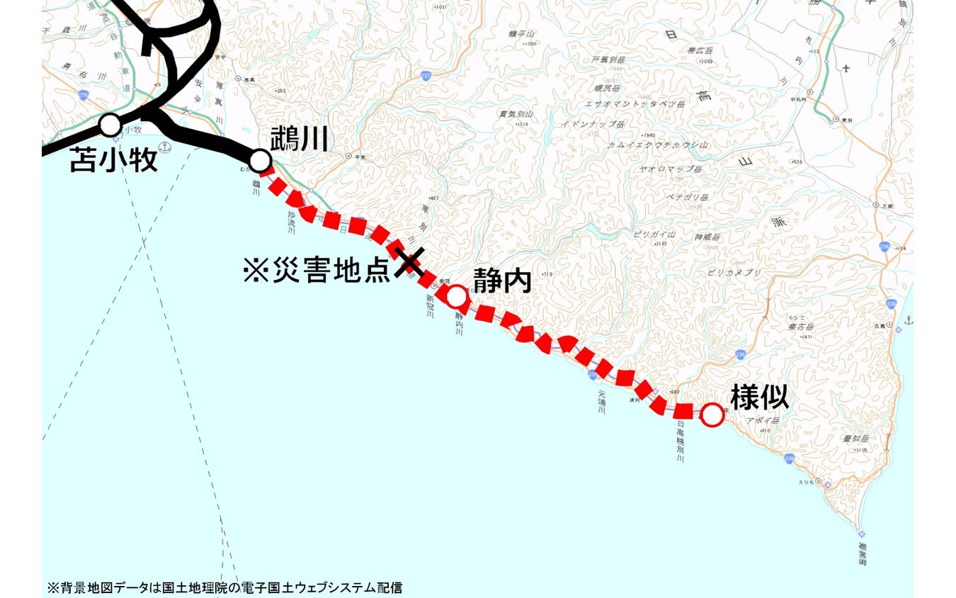 日高本線廃止区間の路線図。