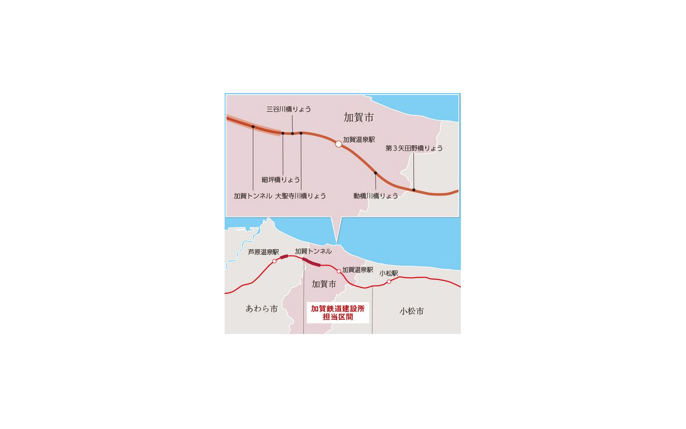 石川県と福井県に跨る加賀トンネルの位置。工事は2016年5月に発足した加賀鉄道建設所が石川県側の4.1km分を担当。