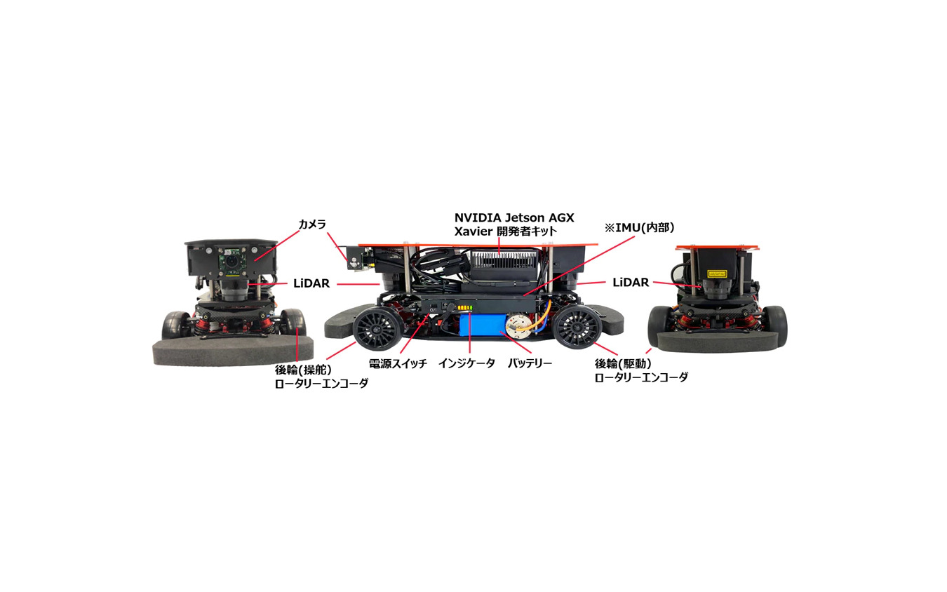 RoboCar 1/10X　センサ構成 （写真左：フロント、写真中：サイド、写真右：バック）