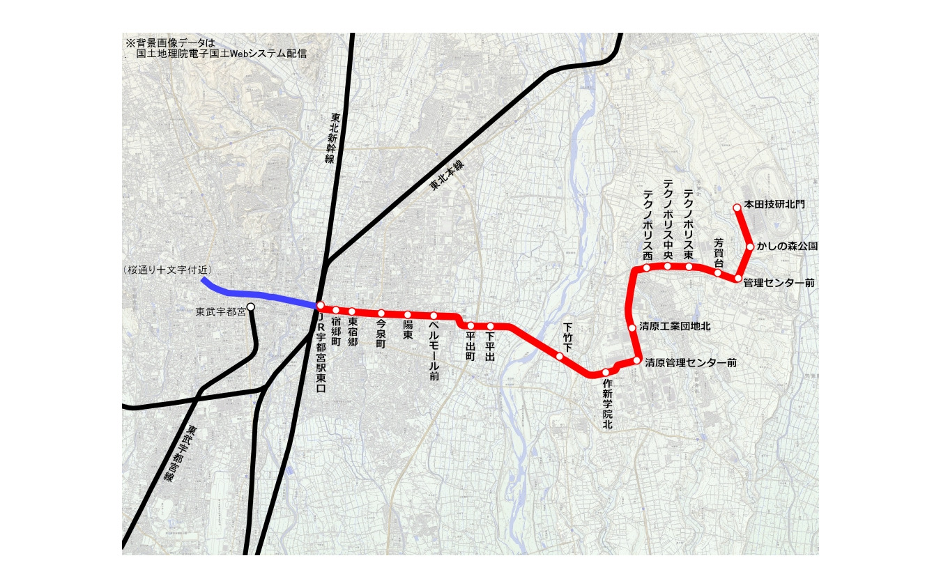 宇都宮・芳賀LRT(宇都宮ライトレール)の整備区間(赤)。途中17カ所に停留場が設けられる(停留場名は仮称)。
