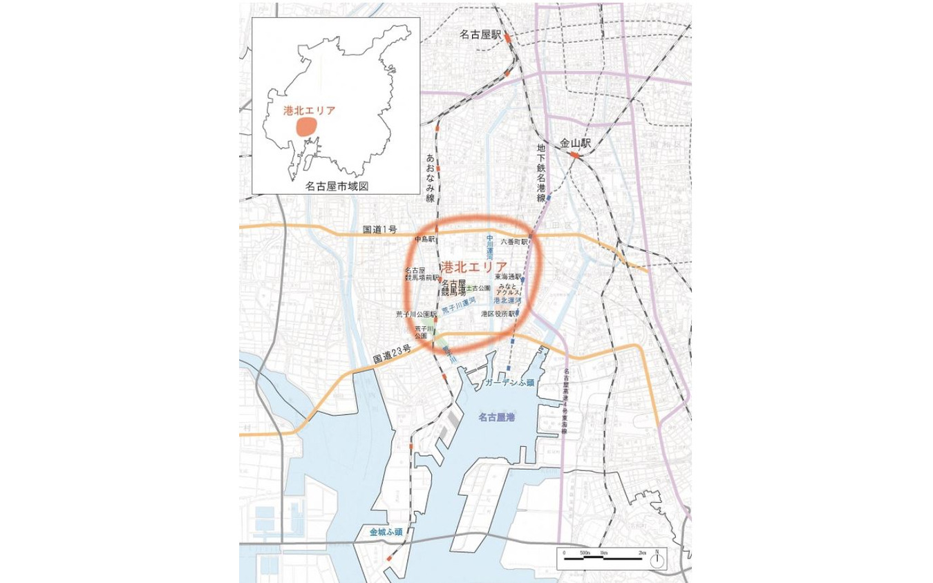 名古屋競馬場前駅の位置。同駅がある港北エリアではアジア大会を契機に「憩い・にぎわいと新たな地域ブランドの形成に向けたまちづくりを推進する」として、新たなまちづくりが構想されている。