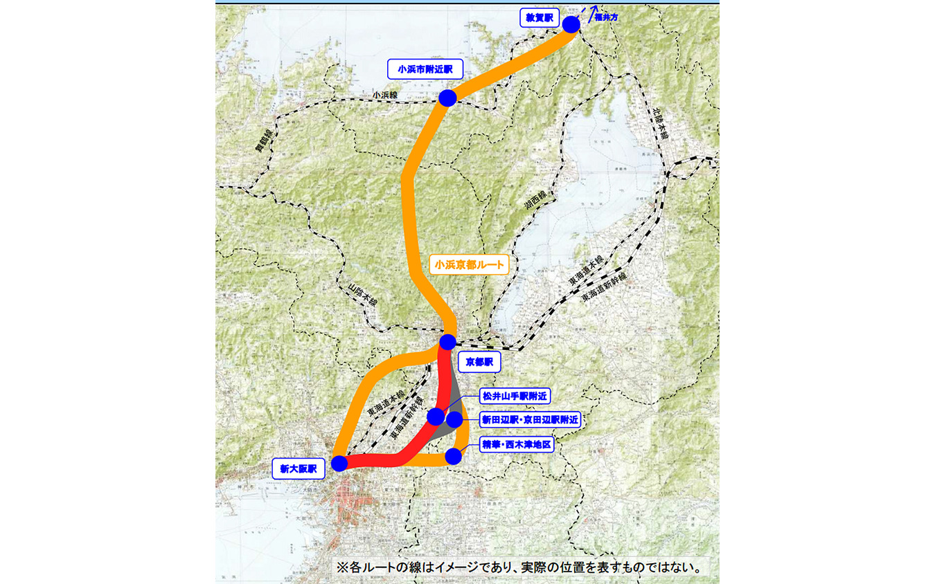 構想されている北陸新幹線敦賀~新大阪間の延伸ルート。