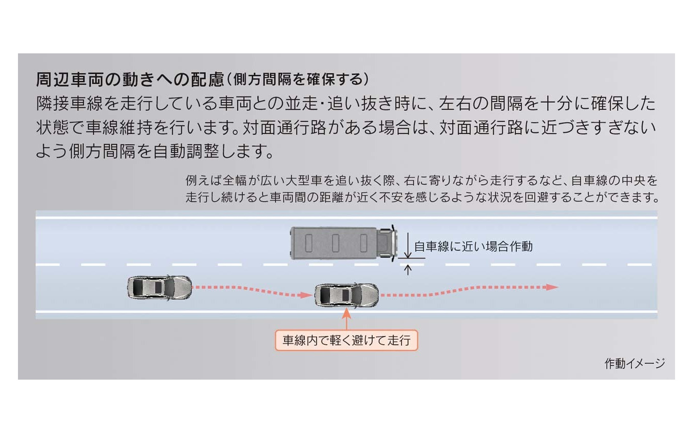 高速道路で大型車の横を通過する際、引きつけられないよう左右の間隔を十分空けて走行する