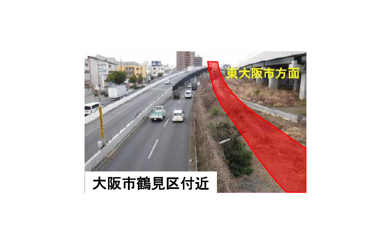 大阪モノレール延伸区間（門真市～瓜生堂間）の大阪市鶴見区付近。開業後は都心を経由せずに大阪市北部と南部を結ぶルートが形成され、到達時間が30分程度短縮される。