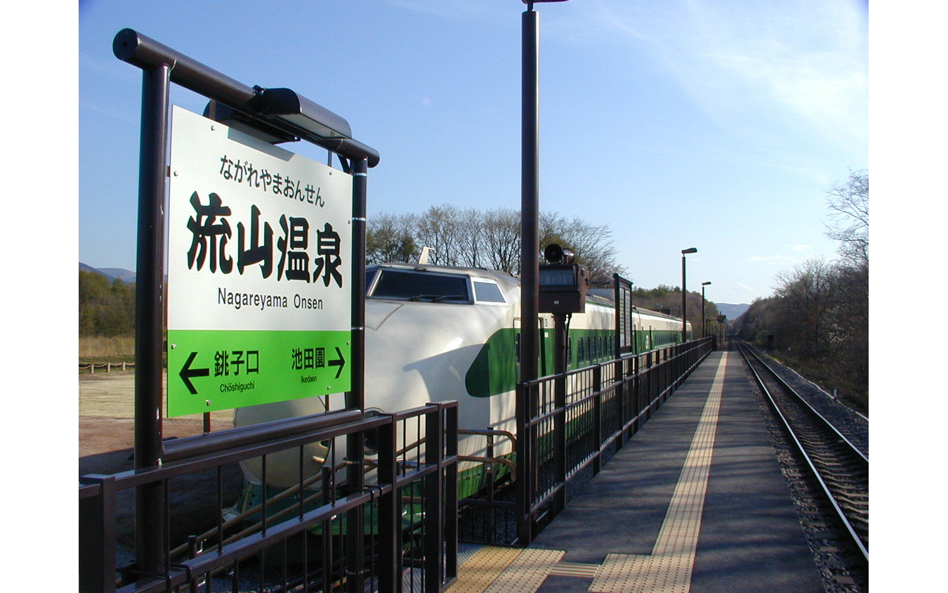 流山温泉駅の駅名標。奥は200系。2002年4月27日。