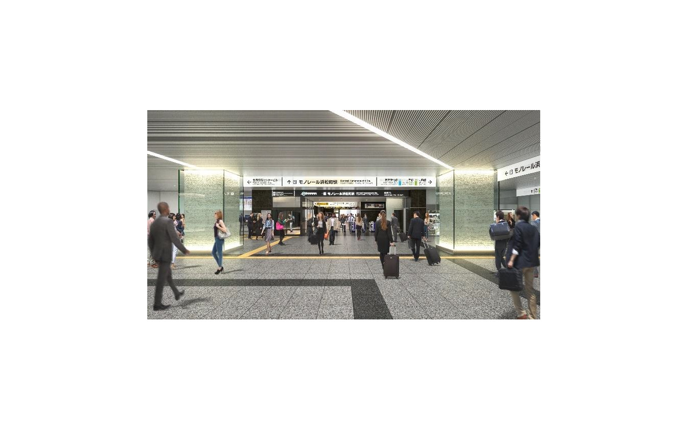 新駅舎3階に設けられる歩行者広場のイメージ。同じ3階で繋がるJR浜松町駅や、1階の地下鉄、バス、タクシー乗り場との往来がスムーズになり、交通結節点としての機能強化が図られるほか、竹芝・芝浦地区などとの歩行者ネットワークも形成される効果がある。