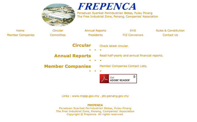 ペナン自由工業地帯企業協会（Frepenca）のウェブサイト