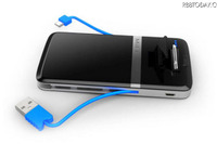 スマホ用補助バッテリ、Dockコネクタ・microUSBケーブル内蔵、2台同時充電も 画像